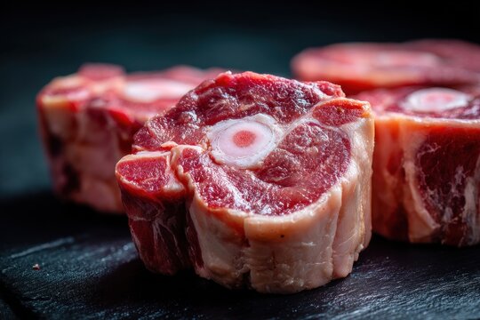 Moody close-up of marbled osso bucco pieces on a black surface, emphasizing texture and natural color