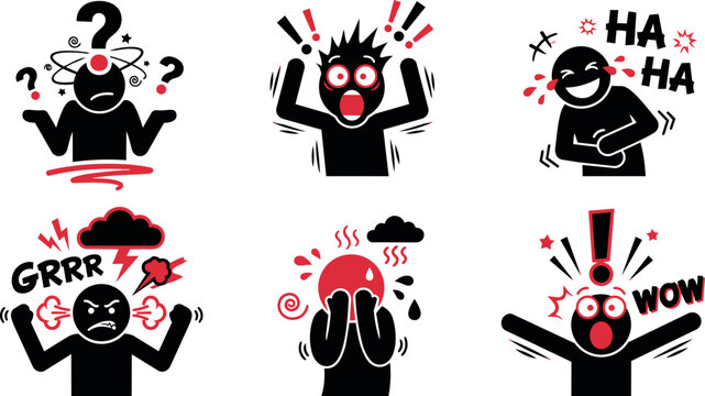 Set of vector icons showing various human emotions and reactions, including confusion, shock, laughter, anger, embarrassment, and amazement