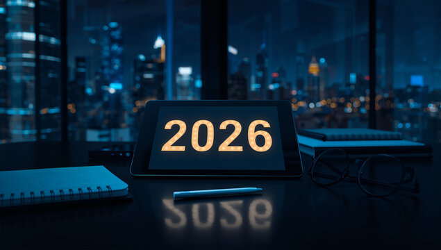 夜のオフィスで2026年を表示するデジタル計画素材