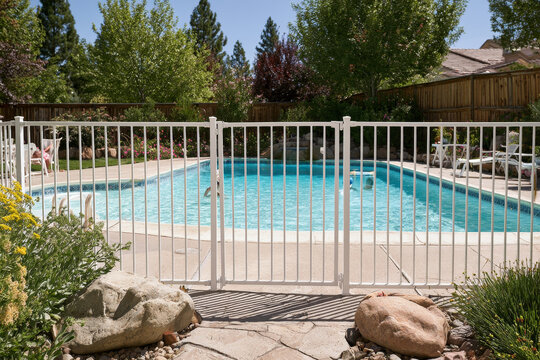 Backyard swimming pool secured with a white safety fence, representing home pool safety, child protection and drowning prevention during summer