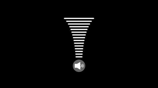Volume indicator animation, white speaker icon with horizontal bars rising, sound level meter, audio intensity graphic, isolated on a black background, multimedia control.
