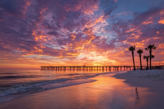 Gulf Coast Sunset Over Pensacola Beach: Vibrant Orange, Pink and Purple Sky Reflected on Calm Waters