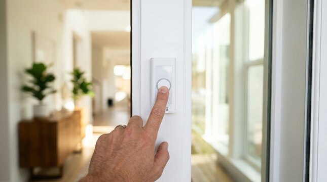 Hand pressing modern white smart doorbell button home security concept