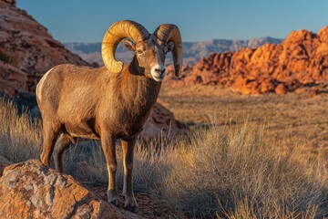 Fototapeta premium Golden Hour Nevada Desert Ram: Desert Bighorn on Arid Cliffs