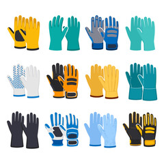 Fototapeta premium Collection of various colorful work gloves on white background