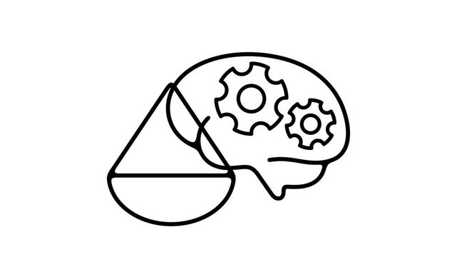 AI ethics, brain, gear, scales and justice, graphic animation. Alpha channel. Transparent background motion design. 4K resolution