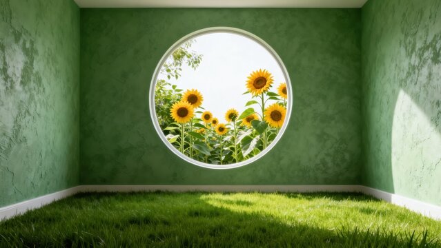 Green room with sunflowers through round window