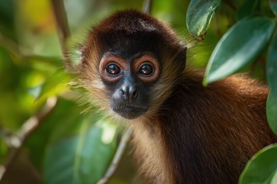 Curious spider monkey gazes from a branch in a green rainforest