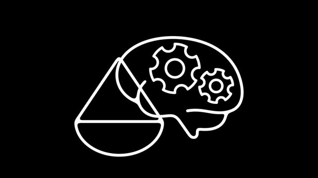 AI ethics, brain, gear, scales and justice, graphic animation. Alpha channel. Transparent background motion design. 4K resolution