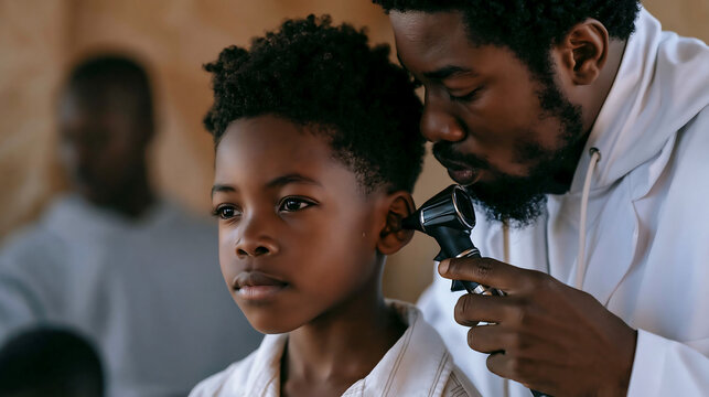 doctor examining young boy ear with otoscope during pediatric checkup representing child healthcare and medical examination