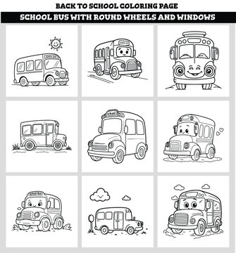 School Bus Coloring Page Kids Printable Activity Sheet Featuring Friendly Vehicle With Round Wheels And Windows