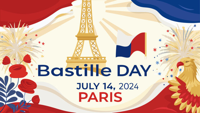 Bastille day celebration banner with eiffel tower in paris