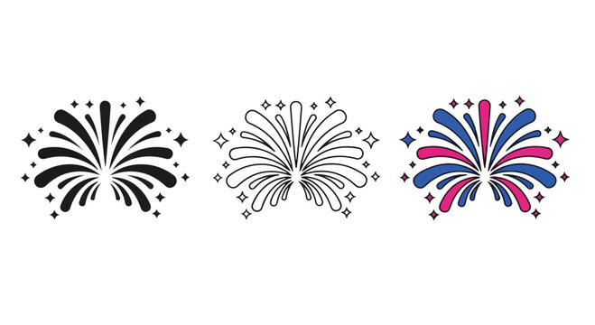 Set of colorful firework explosion icons in black, white and red, blue, stars