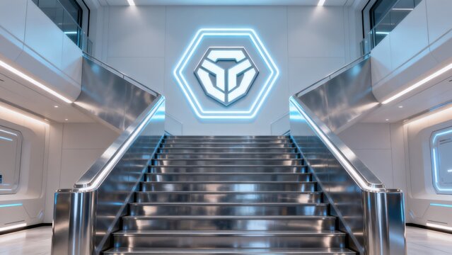 Modern staircase with glowing logo