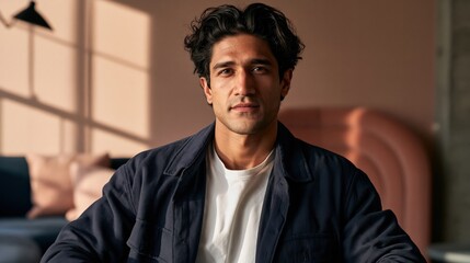 Obraz premium gen team lead young adult south asian man in warm office lounge