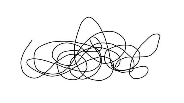 Black hand-drawn messy scribble animation, tangled lines on a white background, confusion and chaos concept, mental health anxiety symbol, isolated motion graphic, commas.
