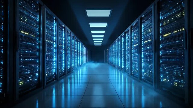 Blue-Lit Data Center Server Aisle with Rows of Racks