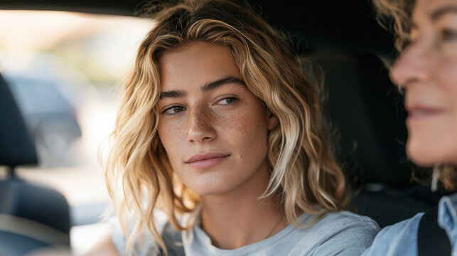 Teen daughter in the passenger seat calmly coaching her terrified mother who is unexpectedly helping with parallel parking in a tight urban side street, the role reversal of the