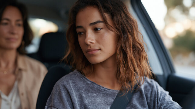 Teen daughter in the passenger seat calmly coaching her terrified mother who is unexpectedly helping with parallel parking in a tight urban side street, the role reversal of the