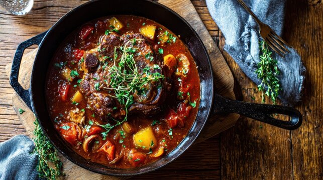 Top-down view of braised veal shank Osso Buco on a rustic wooden board with rich gravy and herbs