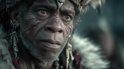 Obraz premium Portrait of older african man with painted face and fur clothing in cool outdoor light with blurred background concept of dignity and endurance
