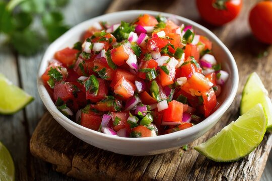 Homemade pico de gallo on a wooden surface with chopped vegetables and lime wedges