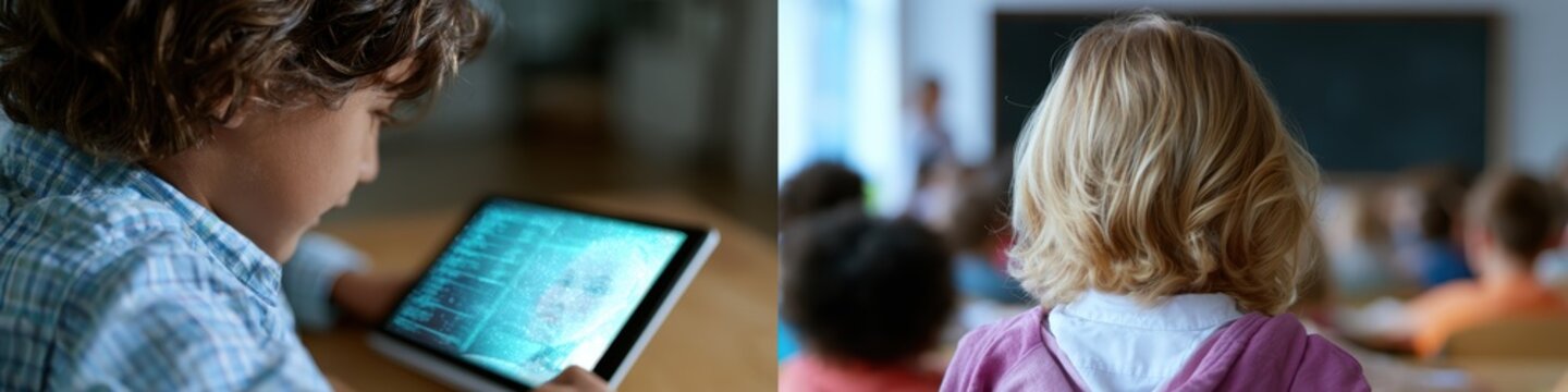 contrasting education environments, split-screen web banner displays ai homeschooling with interactive holographic tutor personalized learning, contrasted with traditional schooling