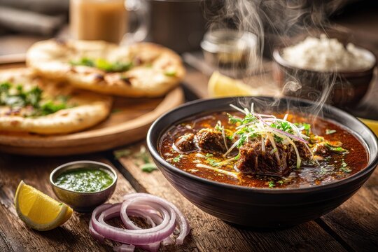 Comforting mutton nihari platter with naan and garnishes in a cozy dining scene