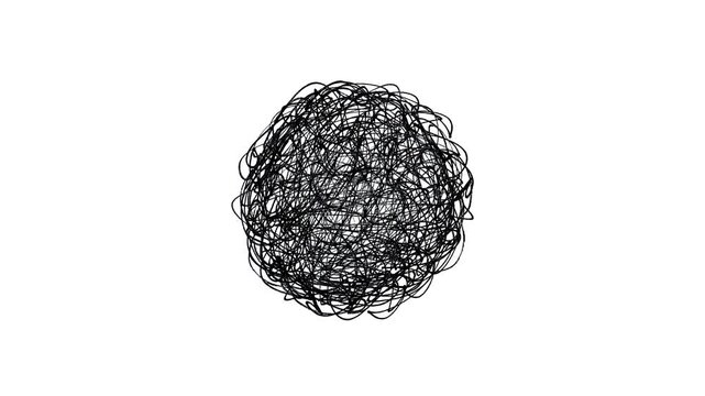 Black hand-drawn scribble tangle animation, messy ball doodle on white background, confusion and chaos concept, mental health anxiety symbol, isolated motion graphic.
