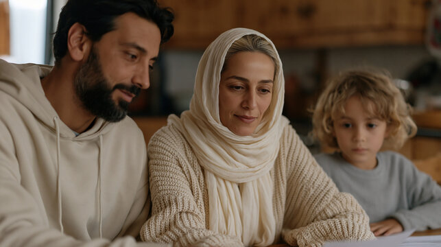 Refugee welcome service volunteers and a local family sitting together at a kitchen table in a modest apartment, reviewing translated housing paperwork, resettlement support,