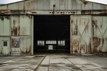 Fototapeta premium Abandoned hangar with open doors and empty interior