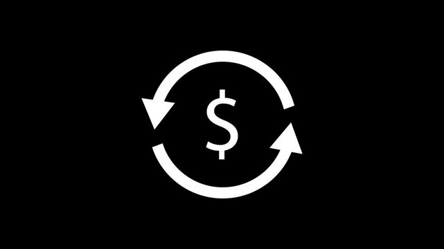 Cash back icon animation, white dollar sign with rotating arrows, financial cycle concept, money return symbol, isolated on a black background, ROI indicator.
