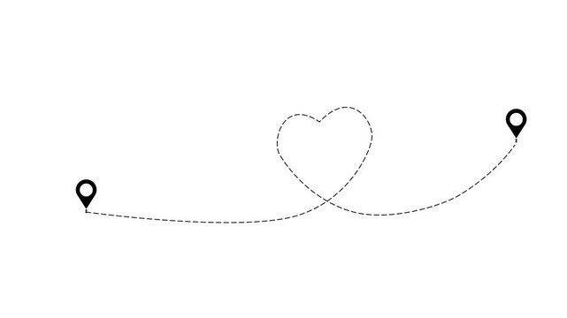 airplane tracking routes with dynamic dotted lines. Plane route lines of aircraft tracking, location pins, planes, travel, map pins on white background. aeroplane drawing heart animation.