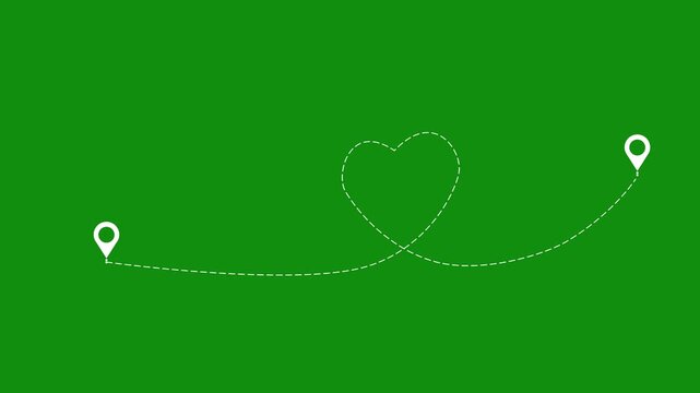 airplane tracking routes with dynamic dotted lines. Plane route lines of aircraft tracking, location pins, planes, travel, map pins on white background. aeroplane drawing heart animation.