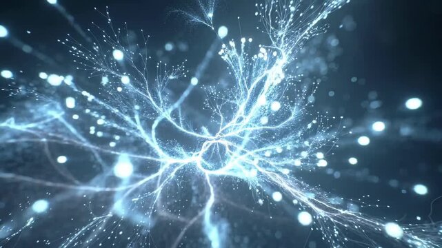 Glowing neural-like strands forming dynamic abstract pattern in bright digital style on dark background, concept of connection and energy
