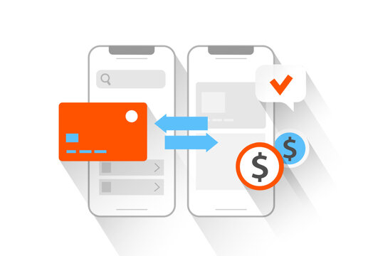 Vector illustration of mobile money transfer or online payment process. Fast money transfer in a few clicks.