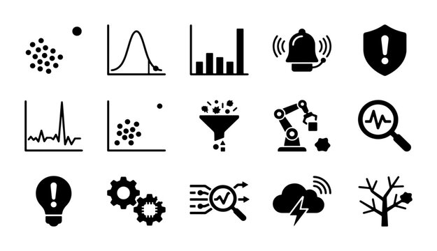 Data science and anomaly detection icons, 15 black vector symbols for machine learning and statistical analysis, industrial monitoring and predictive maintenance set
