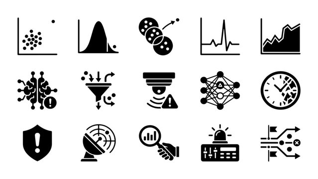 Data Anomaly Detection Icons Set, Machine Learning Outlier Analysis Vector Graphics, 15 Black Solid Infographic Symbols for Cyber Security