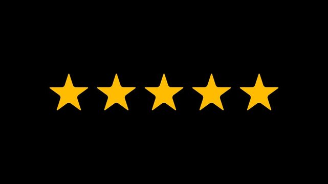 Five golden star rating animation, five stars appearing on a black background, customer review success, excellence feedback concept, high-quality service, top-rated achievement.
