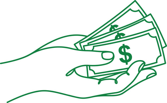 A hand holding a stack of paper money dollar bills in a simple green line art style
