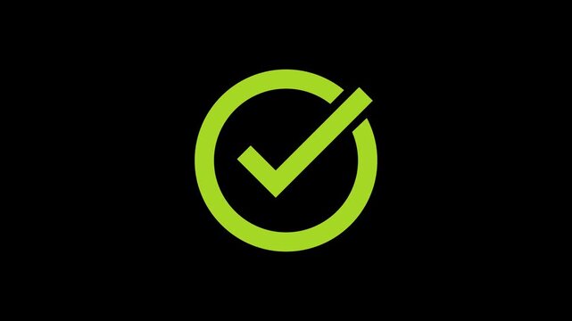 Animated green checkmark icon inside circle on black background, professional tick mark symbol for success, approved validation indicator, completed task sign, commas.
