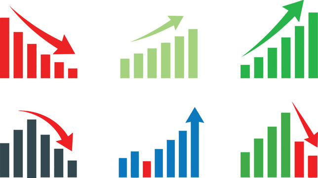 Set of business bar charts showing financial growth and decline with arrows