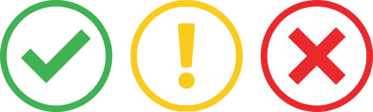Set of check mark exclamation mark and cross mark icons in colorful circles
