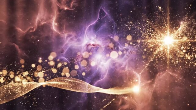 Cosmic energy streams converging in a vibrant purple nebula galaxy background