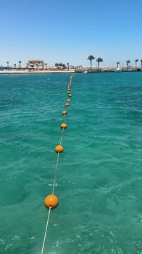 Beautiful coastal area near Red Sea hotels with sandy beaches, palm trees, sun loungers, warm clear turquoise water, very gentle waves, and sunny relaxing resort atmosphere.
