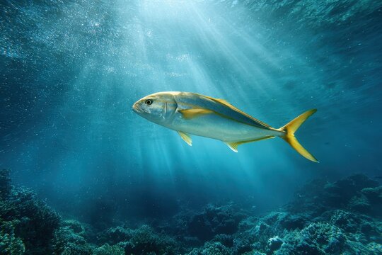 Close-up underwater portrait of a yellowtail kingfish in vivid blue ocean, dynamic swimming