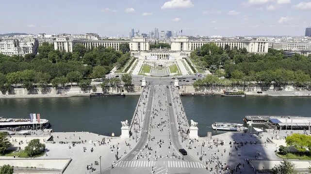 View from first floor of Eiffel Tower overlooking Trocad&eacute;ro gardens in Paris, France