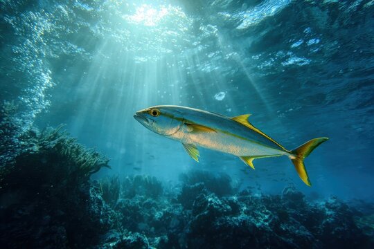 Graceful yellowtail kingfish in bright blue water, smooth motion and shimmering sunlight