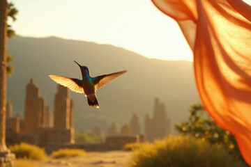 Fototapeta premium Golden hour hummingbird hovering near ancient ruins and flowing fabric