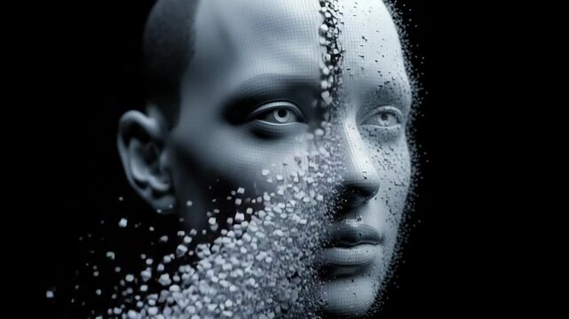 Digital human face dissolving into pixels